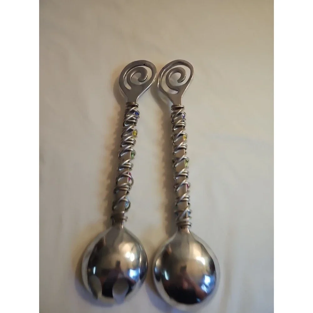 Dary Rees Salad Servers Vintage 1990s Pewter & Colorful Stones